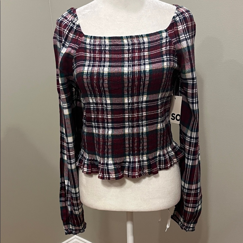 SO Plaid Smocked Long Sleeve Top